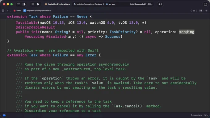 A screen shot of Xcode showing Task.init’s “sending” closure API.