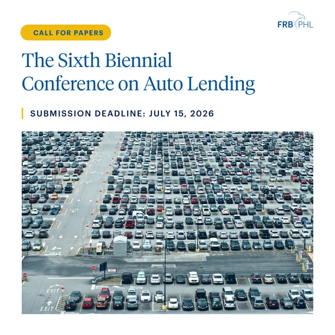 Aerial view of a large parking lot filled with parked cars. The image is overlaid with text about "The Sixth Biennial Conference on Auto Lending" by FRB PHL, with a submission deadline of July 15, 2026. A "Call for Papers" label is highlighted at the top.