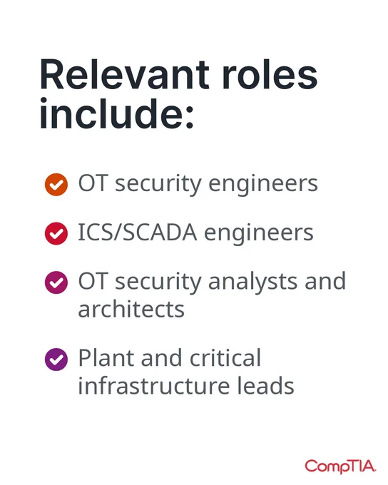 Relevance roles include: OT security engineers, ICS/SCADA engineers, OT security analysts and architects, Plant and critical infrastructure leads. CompTIA logo at the bottom right.