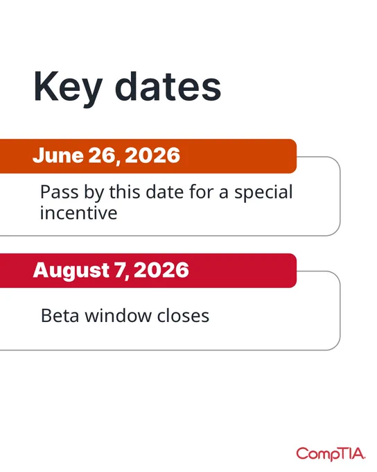 Key dates are listed with two entries. The first date is June 26, 2026, with a note stating "Pass by this date for a special incentive." The second date is August 7, 2026, indicating "Beta window closes." The CompTIA logo is at the bottom right corner.