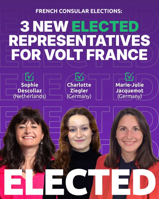 Carousel cover slide in Volt purple. Large bold white text reads: "FRENCH CONSULAR ELECTIONS: 3 NEW ELECTED REPRESENTATIVES FOR VOLT FRANCE" and "ELECTED". Below the headline, three headshots are shown side by side with green checkmark icons and white name labels: Sophie Descollaz (Netherlands), Charlotte Ziegler (Germany), and Marie-Julie Jacquemot (Germany). Volt Europa branding.