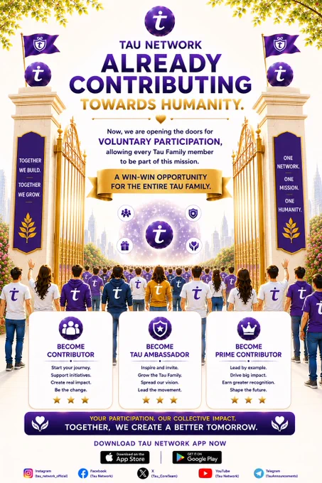 🌍 Tau Network is already contributing towards humanity.
Now we're opening the doors for voluntary participation across our global community.

✨ Become a Contributor 
🚀 Become a Tau Ambassador
 👑 Become a Prime Contributor

Together, we create a better tomorrow.

Which Role would you choose? 👇

🌐 www.minetau.com⁠�
#TauNetwork #TauHumanity #Web3 #Blockchain #CryptoCommunity #MineTau #CommunityDriven