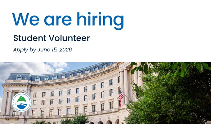 Card with text: We are hiring, student volunteer. Apply by June 15, 2026.