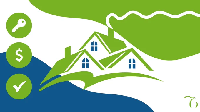 House with icons of a key, money symbol, and a checkmark.