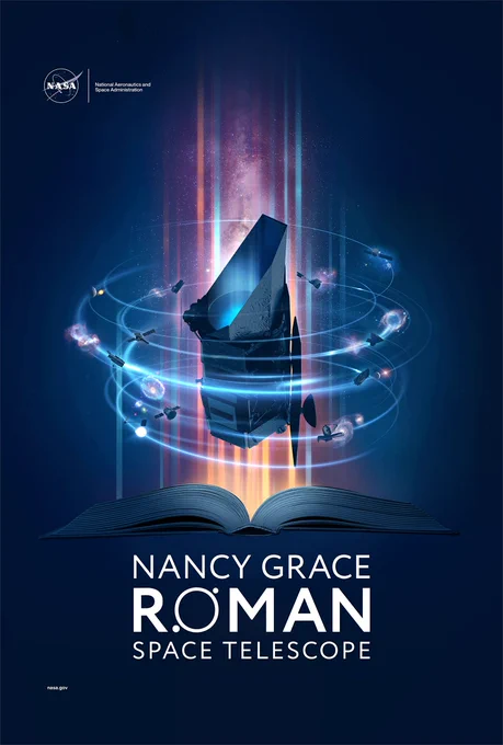 An illustration depicting the Nancy Grace Roman Space Telescope floating above an open book, being orbited by small satellites, telescopes, and celestial bodies. Behind Roman is a rosy stripe of stars and golden light. Credit: NASA/Jenny Mottar