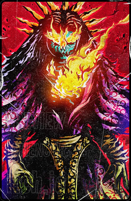 Full‑color illustration of The Lich, the final card of Crypt Stalkers. A powerful undead noblewoman in tattered embroidered robes, with a hollow ribcage revealing fire inside. Empty eyes and skeletal nose glow with eerie light. Red background. She raises one clawed hand and invokes with the other. Dark fantasy, grim dark art