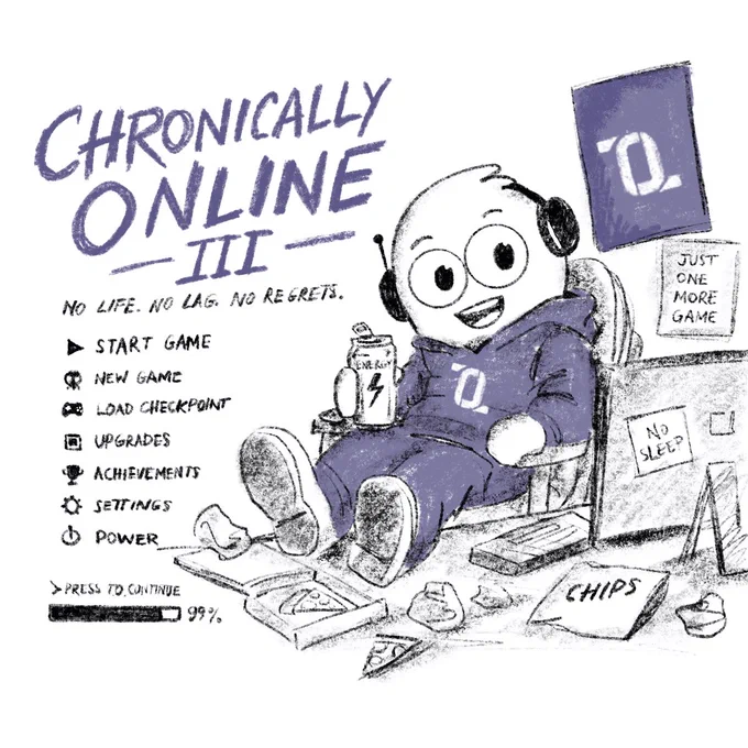 A cartoon character is sitting in a cluttered room, wearing a hoodie with a "Tech Trend" logo. The room is filled with gaming items like a controller and snacks labeled "chips." The text "Chronically Online III" is prominently displayed, with game menu options like "Start Game" and "Settings" listed nearby. A note says, "Just one more game," and another paper reads, "No sleep. It is the mascot of an AI company for Government Contractors