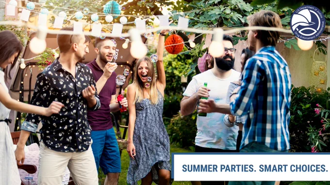 Group of friends enjoying a lively summer garden party with string lights and colorful decorations overhead. With a text banner saying "Summer parties. Smart Choices" and DEA Seal