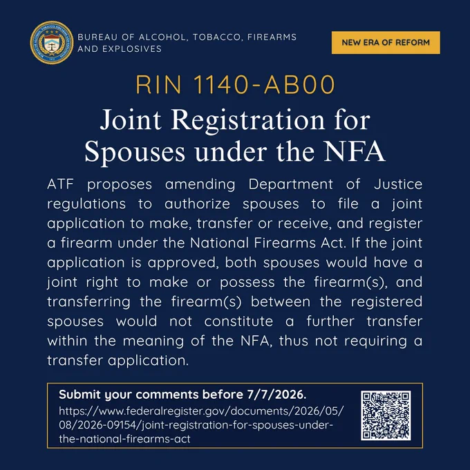 Bureau of Alcohol, Tobacco, Firearms and Explosives proposes joint firearm registration for spouses under the National Firearms Act.