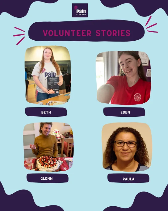Four volunteers named Beth, Eden, Glenn, and Paula share their stories for Pain Concern, each pictured in different settings.