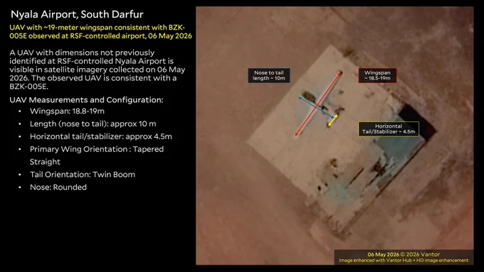 Nyala Airport, South Darfur
UAV with ~19-meter wingspan consistent with BZK-005E observed at RSF-controlled airport, 06 May 2026.
Copyright: Satellite Imagery 06 May 2026 © 2026 Vantor. Analysis conducted by Yale HRL.
Text: A UAV with dimensions not previously identified at RSF-controlled Nyala Airport is visible in satellite imagery collected on 06 May 2026. The observed UAV is consistent with a BZK-500E. 
 
UAV Measurements and Configuration: 
Wingspan: 18.8-19m 
Length (nose to tail): approx 10 m 
Horizontal tail/stabilizer: approx 4.5m 
Primary Wing Orientation : Tapered Straight 
Tail Orientation: Twin Boom 
Nose: Rounded