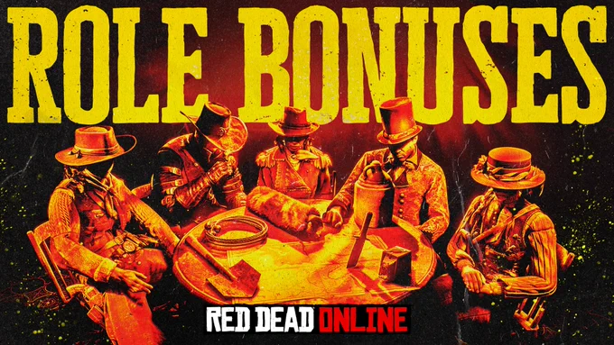 Red Dead Online Role Bonuses poster featuring several characters sitting at a table with various role-specific items atop it. 