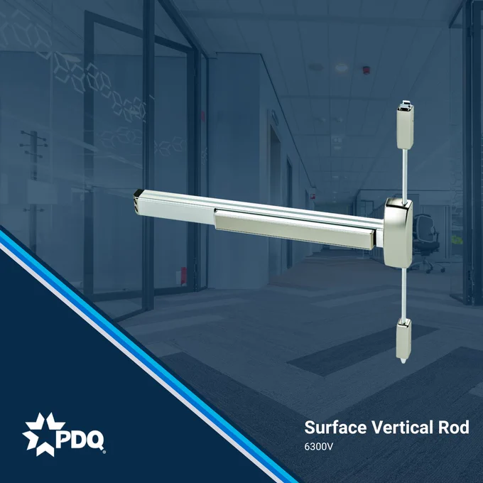 PDQ 6300V Surface Vertical Rod exit device shown in polished nickel finish, featuring a horizontal push bar with vertical rod extending to top and bottom latch points. Displayed against a blue-tinted commercial office corridor background. PDQ logo in lower left corner