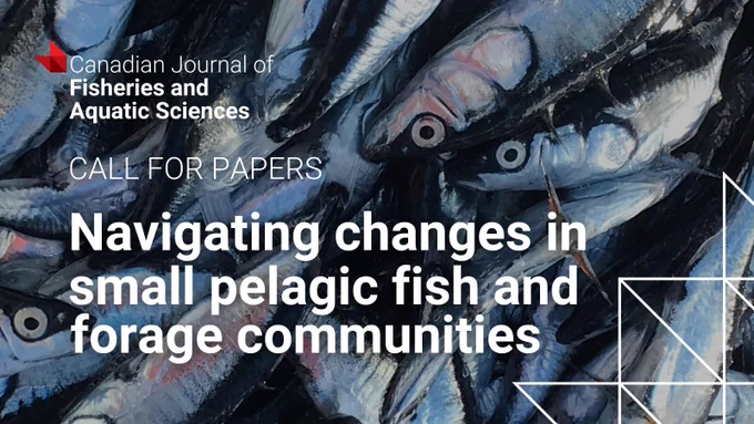 Close-up of a pile of small pelagic fish with a call for papers on changes in forage communities by the Canadian Journal of Fisheries and Aquatic Sciences.