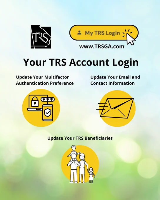 Blue and green gradient background with black text and yellow and white icons highlighting steps to protect TRSGA online accounts, update email addresses, and keep beneficiary info up to date.