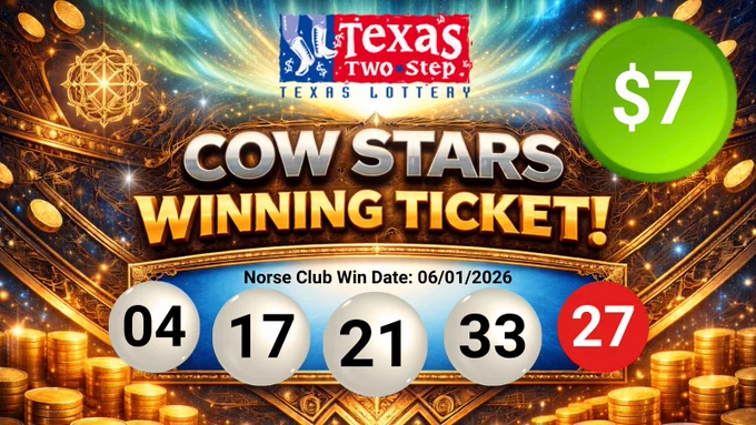 A colorful graphic showcasing a Texas Two Step winning lottery ticket with the numbers 04, 17, 21, 33, and 27. It includes gold coins and cosmic designs, creating an exciting and celebratory mood.