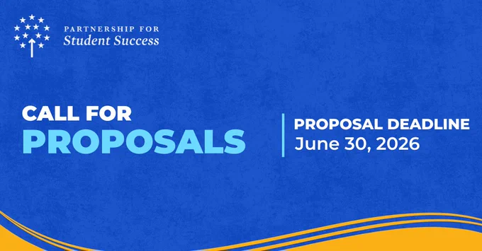 A blue rectangular promotional graphic from the Partnership for Student Success with their white logo in the top left corner. The left side displays the text CALL FOR PROPOSALS with the word PROPOSALS written in a larger light blue font. On the right side separated by a vertical white line the text reads PROPOSAL DEADLINE June 30 2026. The bottom of the graphic is accented with wavy yellow lines against the dark blue textured background.
