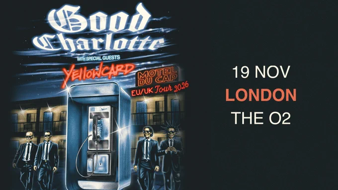 Good Charlotte concert poster featuring a blue phone booth and four suited men, promoting their tour