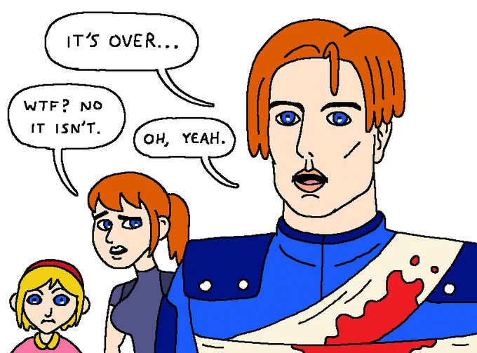 Crude MS-Paint drawing of the A scenario ending of 1998's Resident Evil 2.

LEON: It's over...

CLAIRE: wtf? No it isn't.

LEON: Oh,  yeah.

Sherry is also there.