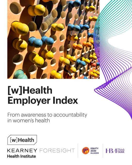 Cover of the "[w]Health Employer Index" report. The background features a close-up of a colorful pegboard with pegs. Logos include [w]Health, Kearney Health Institute, Kearney Foresight, Equity 2030 Alliance, and HBA Think Tank. The subtitle reads, "From awareness to accountability in women's health."