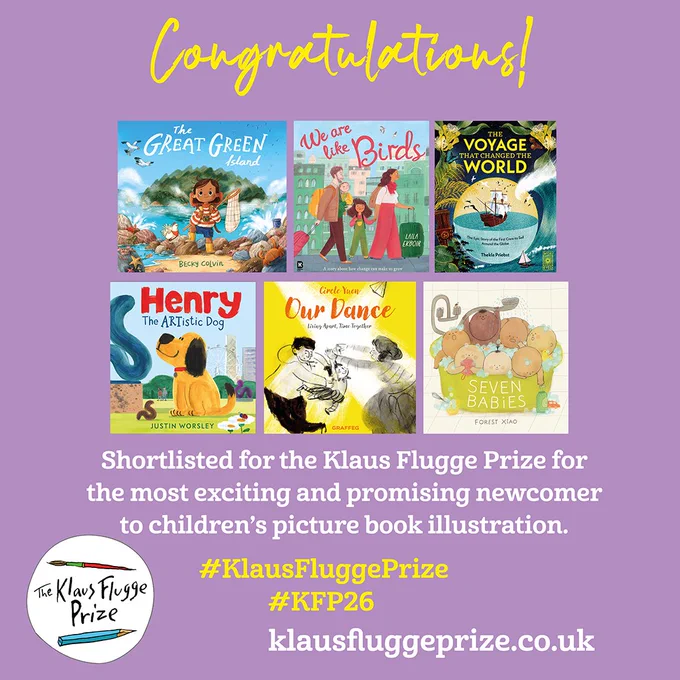 Graphic with covers of the six books on the shortlist for the 2026 Klaus Flugge Prize for most exciting and promising newcomer to children's picture book illustration.