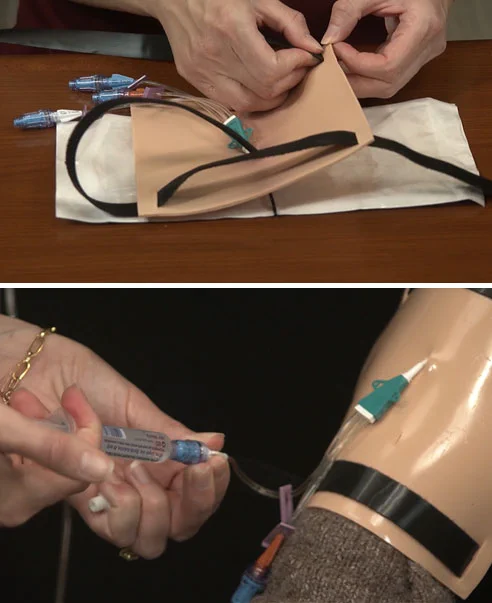 Top image: Hands securing a catheter on simulated skin with straps, while IV connectors and tubing lie on a table nearby. Bottom image: Hands injecting fluid with a syringe into IV tubing connected to a simulated arm training model with a catheter and clamps visible.