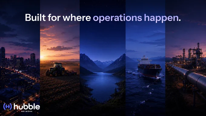 Multi-panel graphic featuring urban infrastructure, agriculture, remote wilderness, maritime shipping, and industrial facilities, representing the diverse environments where Hubble Network provides connectivity beyond traditional coverage areas.