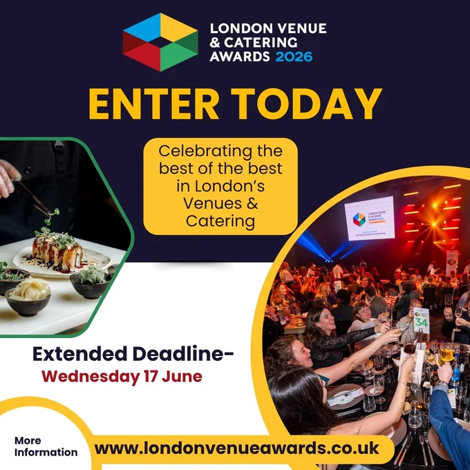 Promotional image for the London Venue & Catering Awards 2026 highlighting an extended entry deadline. Features a lively awards ceremony scene and gourmet dish.