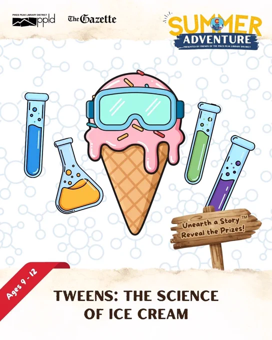 Cartoon ice cream cone wearing science goggles surrounded by colorful test tubes and a sign about uncovering stories and prizes.