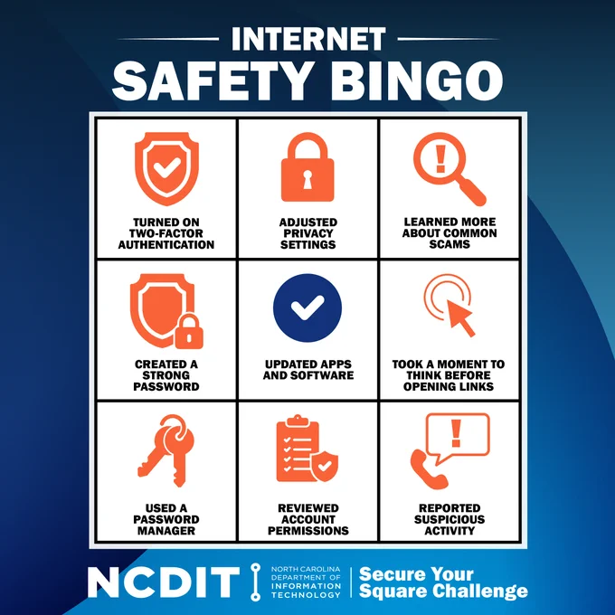 This image is titled "Internet Safety Bingo" and features a 3x3 bingo grid with safety tips. Each square contains an icon and text, including "Turned on two-factor authentication," "Adjusted privacy settings," "Learned more about common scams," "Created a strong password," "Updated apps and software," "Took a moment to think before opening links," "Used a password manager," "Reviewed account permissions," and "Reported suspicious activity." The bottom features the NCDIT logo and "Secure Your Square Challenge.