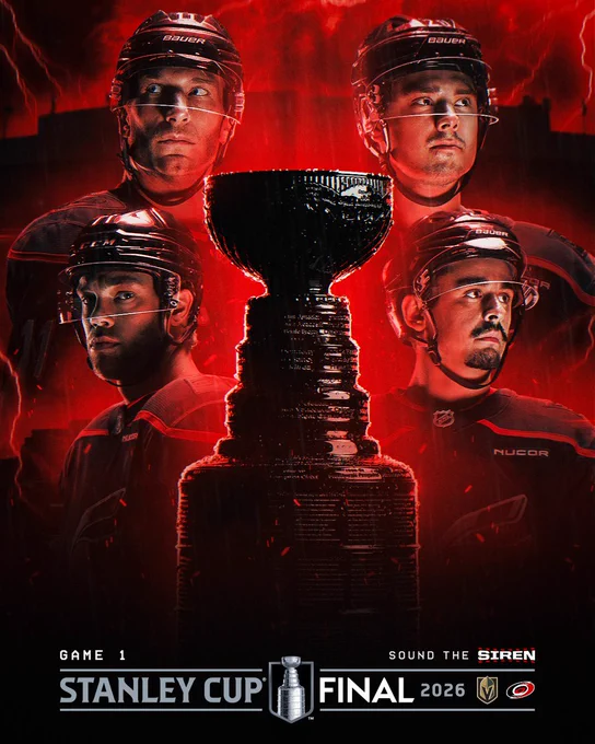 Hype Graphic promoting Game 1 of the Stanley Cup Final with Jordan Staal, Sebastian Aho, Taylor Hall, and Seth Jarvis around The Stanley Cup
