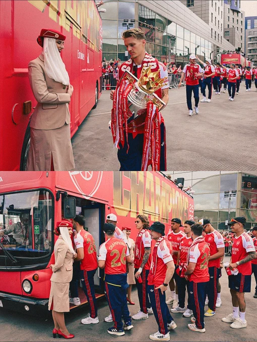 A split image, with one half showing Martin Odegaard boarding the champions bus with the Premier League trophy, and the other showing the rest of the squad boarding with a member of the Emirates cabin crew on the left-hand side.