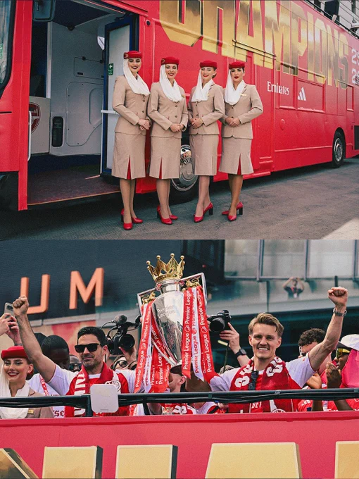 A split image, with one half showing the Emirates cabin crew beside the champions bus, and the other showing Mikel Arteta and Martin Odegaard lifting the Premier League trophy on the top deck.