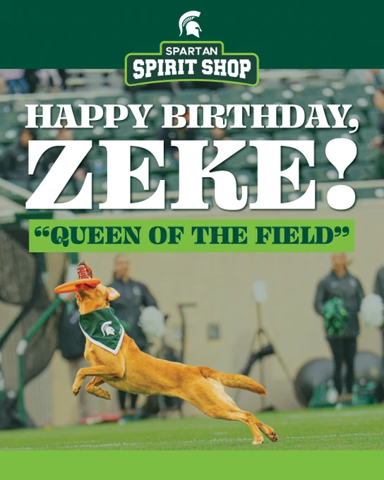 A dog wearing a Michigan State Spartan vest catches a frisbee mid-air at a stadium. The image has text reading "Spartan Spirit Shop," "Happy Birthday, Zeke!" and "'Queen of the Field.'"