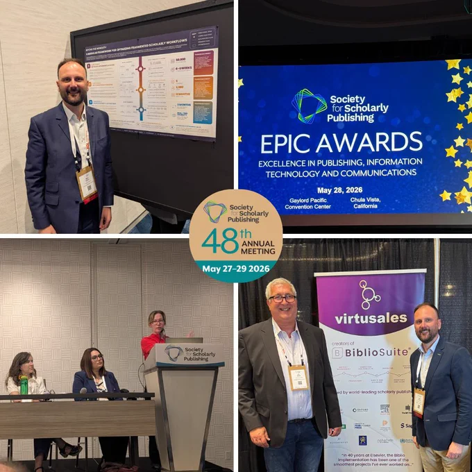 The image is a collage of 4 photos from the SSP 48th Annual Meeting (May 27-29, 2026) the logo for which is placed in the center in a circle. From L-R, the images are: A photo of Mark Collins from Virtusales in front of the poster (Mark is a smiling man wearing a navy blue suit and a lanyard); a photo of the display for the SSP EPIC Awards on May 28, 2026; A photo from the Virtusales education session featuring three speakers Tanya Laplante (Oxford University Press), Dr. Michelle Urberg (LibLynx), and Veronica Showers (Access Innovations); and a photo of the Virtusales stand/banner along with Jon White and Mark Collins from the team posing beside it.