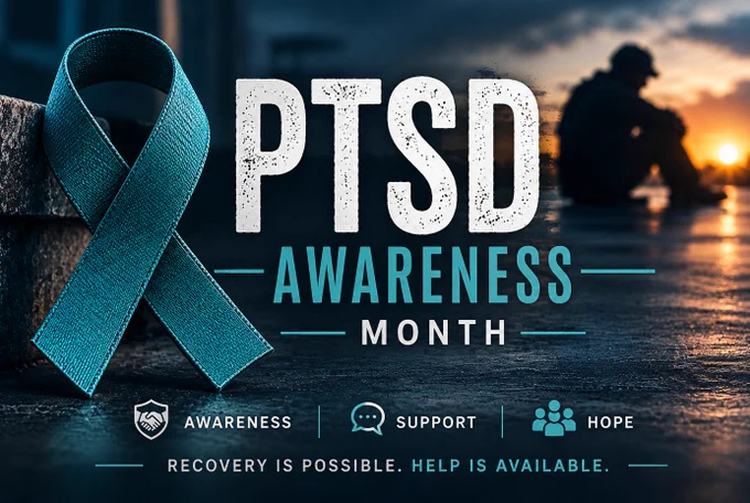 PTSD Awareness Month. Awareness. Support. Hope.  Recovery is possible. Help is available.