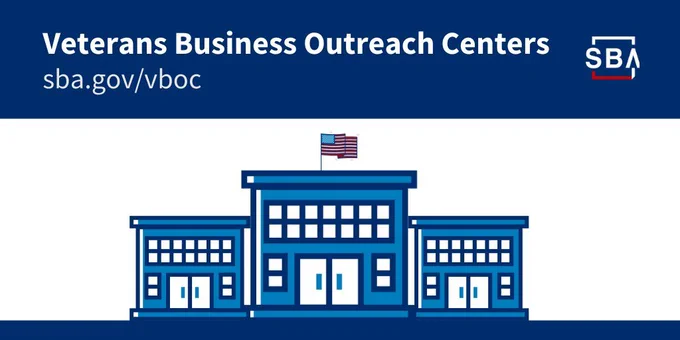 Illustration of three blue buildings side by side with an American flag on the middle building. The top text reads "Veterans Business Outreach Centers" and "sba.gov/vboc." The Small Business Administration logo is in the top right corner.