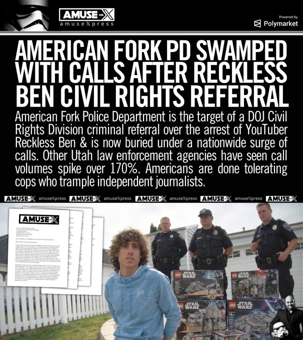 American Fork Police Department is the target of a DOJ Civil Rights Division criminal referral over the arrest of YouTuber Reckless Ben & is now buried under a nationwide surge of calls. Other Utah law enforcement agencies have seen call volumes spike over 170%. Americans are done tolerating cops who trample independent journalists.