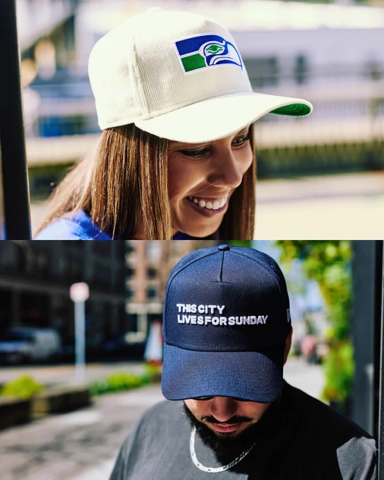 Top image of throwback logo hat. Bottom image, "This City Lives For Sunday" hat. 