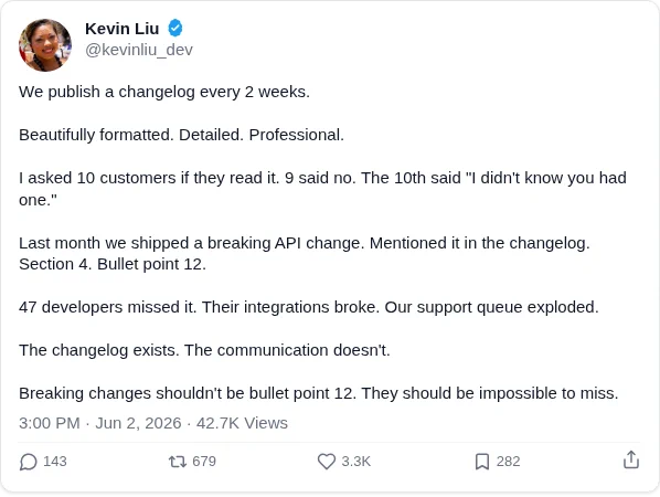 We publish a changelog every 2 weeks.

Beautifully formatted. Detailed. Professional.

I asked 10 customers if they read it. 9 said no. The 10th said "I didn't know you had one."

Last month we shipped a breaking API change. Mentioned it in the changelog. Section 4. Bullet point 12.

47 developers missed it. Their integrations broke. Our support queue exploded.

The changelog exists. The communication doesn't.

Breaking changes shouldn't be bullet point 12. They should be impossible to miss.