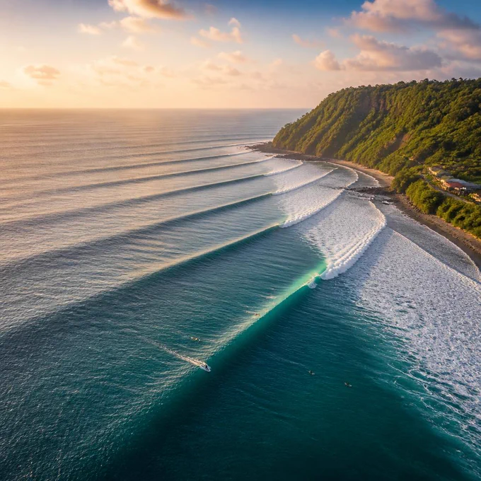 Rolling blue waves stretch to the horizon, inviting surfers as sunlight casts a warm glow over a lush coastal landscape.