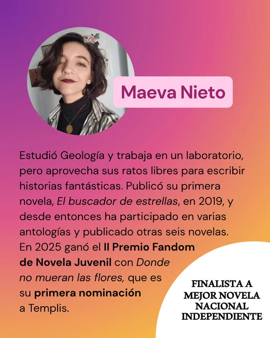 Estudió Geología y trabaja en un laboratorio, pero aprovecha sus ratos libres para escribir historias fantásticas. Publicó su primera novela, El buscador de estrellas, en 2019, y desde entonces ha participado en varias antologías y publicado otras seis novelas. En 2025 ganó el II Premio Fandom de Novela Juvenil con Donde no mueran las flores, que es su primera nominación a Templis.