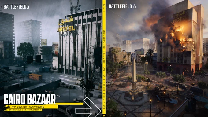 Side-by-side comparison of Battlefield 3's Grand Bazaar and Battlefield 6's Cairo Bazaar.