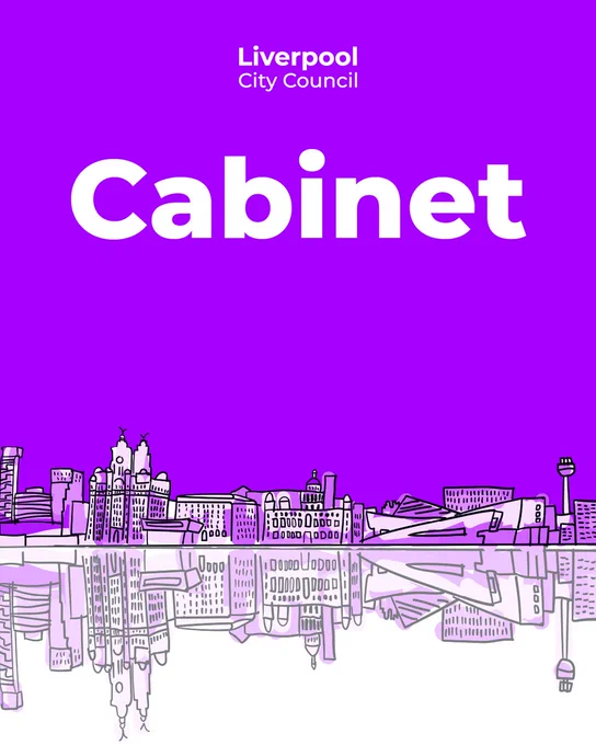 Liverpool City Council Cabinet document cover with a magenta background and a stylized skyline illustration.