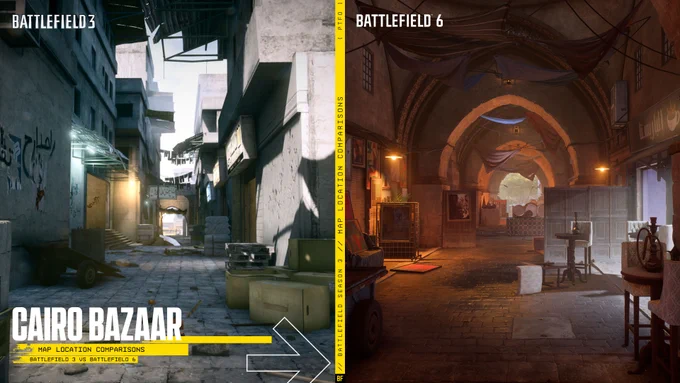 Side-by-side comparison of Battlefield 3's Grand Bazaar and Battlefield 6's Cairo Bazaar.