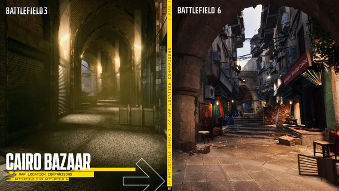 Side-by-side comparison of Battlefield 3's Grand Bazaar and Battlefield 6's Cairo Bazaar.