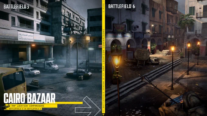 Side-by-side comparison of Battlefield 3's Grand Bazaar and Battlefield 6's Cairo Bazaar.