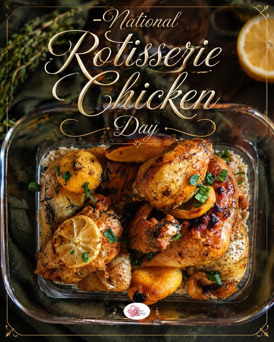 Promotional graphic for National Rotisserie Chicken Day featuring a tray of golden-brown lemon rotisserie chicken garnished with roasted lemons, fresh herbs, and green onions over rice. Elegant script text overlays the image with warm lighting and a gourmet comfort food presentation by Simply Chef Renée