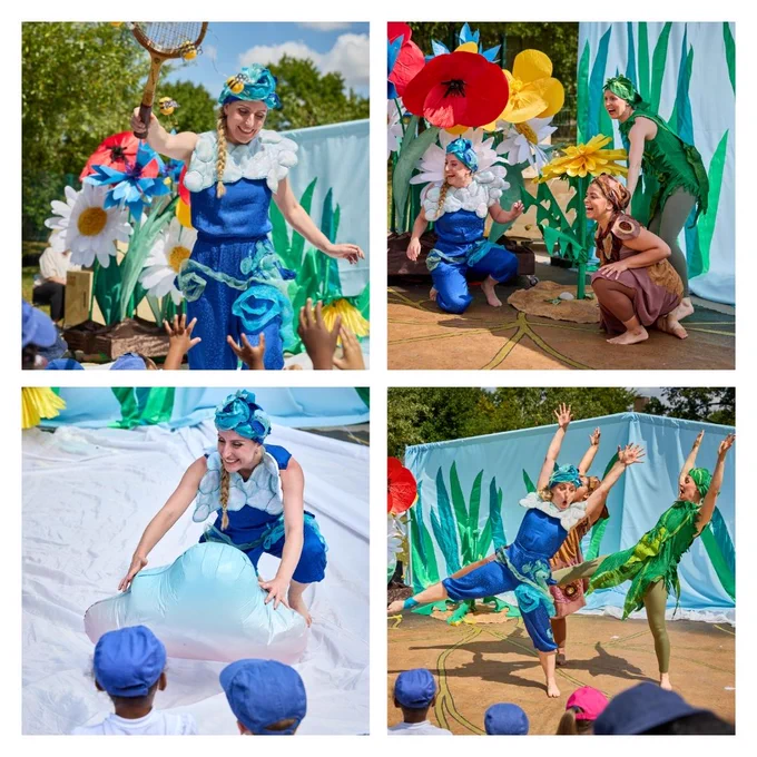 Image one is a person with a tennis racket in a flower meadow. Image two is three people crouched amongst flowers. Image three is a woman holding a cloud in the snow. Image four is 4 people dancing.