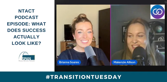 A podcast screenshot with two speakers, the SPAN logo, and text that reads, 'NTACT podcast episode: What does success actually look like?”